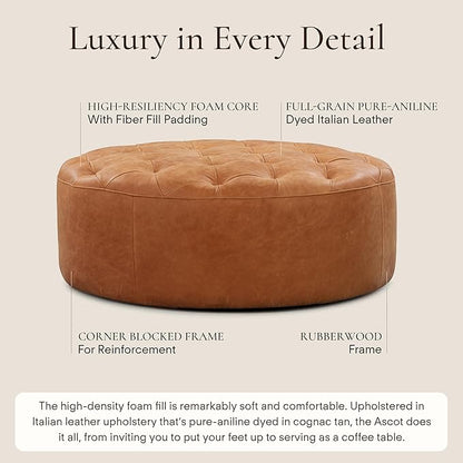 Poly & Bark Ascot Ottoman – 40" Round Pouf with Feather-Down Topper – Full-Grain Leather Upholstered Pouf Ottoman for Living Room – Vintage Italian Leather in Cognac Tan