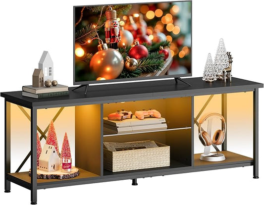 WLIVE TV Stand up to 65 Inch TV, 55" Entertainment Center with LED, Industrial TV Console with Glass Shelf for Living Room and Bedroom, Black