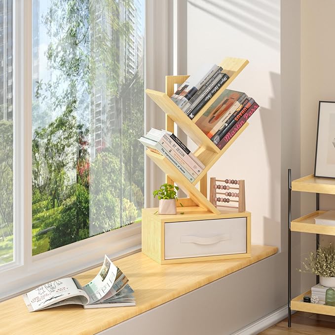 Small Book Shelf with Drawer,4 Tier Black Tree Bookshelf,Wooden Desktop Bookcase,Modern Desk Display Storage Bookshelves,Floor Standing Organizer Bookcases for Living Room,Bedroom,Office