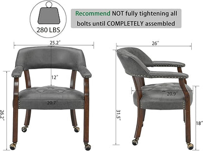 LEEMTORIG Large Dining Chairs with Casters and Arms, Rolling Dining Chairs with Wheels, Accent Wood Boss Caption's Chairs, 26" D x 25.2" W x 31.5" H, Cherry Legs & Dark Grey Fabric SY-1533-GY