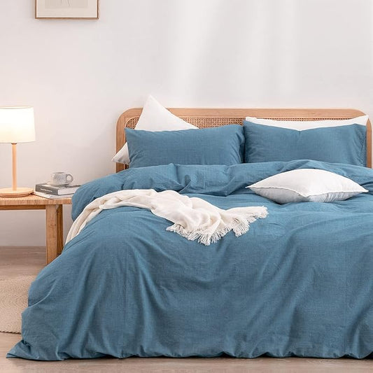 BESTOUCH Duvet Cover Set 100% Washed Cotton Linen Feel Super Soft Comfortable Chic Lightweight 3 PCs Home Bedding Set Solid Dark Blue Full/Double