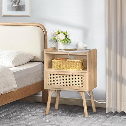 Lerliuo Rattan Nightstand with Charging Station, Boho Side Table with Drawer Open Shelf, Cane Accent Bedside End Table for Bedroom, Dorm and Small Spaces