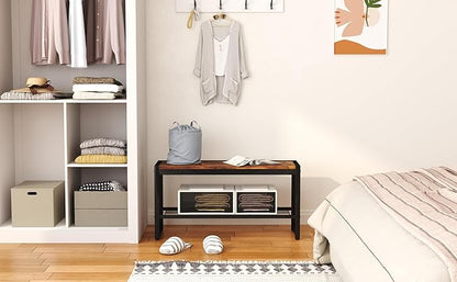 HOMEFORT Shoe Bench, Modern Industrial Shoe Storage Bench, Entryway Bench with Mesh Shelf and Sturdy Metal Frame, Metal Shoe Rack with Durable MDF Top for Hallway, Mudroom, Living Room, Rustic Brown