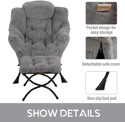 LITA Lazy Chair with Ottoman, Modern Accent Leisure Upholstered Sofa, Contemporary Lounge Reading Chair with Armrests and a Side Pocket for Living Room, Bedroom & Small Space, Plush Grey