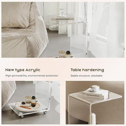 Modern Acrylic Side Table, C-Shaped Sofa Table Nightstand with Storage and Lockable Wheels for Living Room, Bedroom, Office, Bedside, Couch, 13.38" D x 14.17" W x 21.65" H