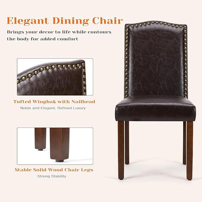 Kitchen Chairs Set of 6 Modern Upholstered Fabric Seat with Nailhead Trim and Ergonomic Lumbar Support for Living Room and Rustic Farmhouse Dining Area, Dark Brown