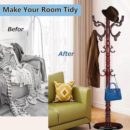 Solid Wood Coat Rack, Coat Racks Free Standing with 14 Hooks, Vintage Coat Rack with Stable Disc Base, Adjustable Height 73 in for Porch, Living Room, Bedroom, Office (Redwood Color)