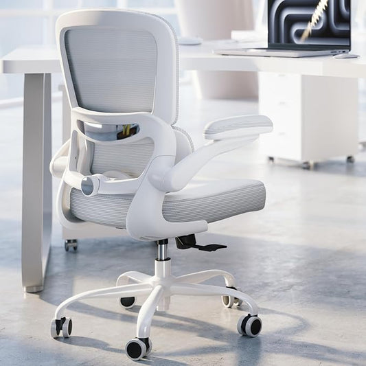TRALT Ergonomic Office Chair - Desk Chair with Adjustable Lumbar Support Computer Chair - Mesh Comfy Chair with Flip-up Armrests - Gaming Chairs for Adults Home Office (Leather, White)