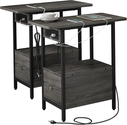 LIDYUK End Table with Charging Station, Narrow Side Table with Drawer and USB Ports & Power Outlets, Nightstand Bedside Tables for Small Spaces, Bedroom, Living Room, Dark Grey, Set of 2
