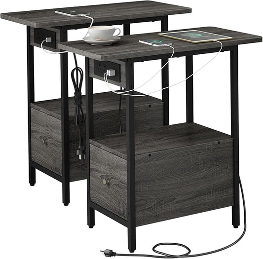 LIDYUK End Table with Charging Station, Narrow Side Table with Drawer and USB Ports & Power Outlets, Nightstand Bedside Tables for Small Spaces, Bedroom, Living Room, Dark Grey, Set of 2