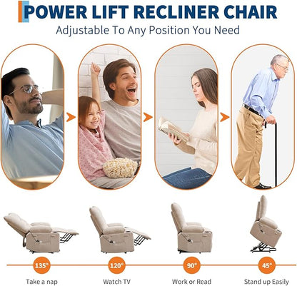 GarveeHome Power Lift Recliner Chair for Elderly with Massage and Heat, Oversized Electric Massage & Heat Recliner with Soft Padded Upholstery, Side Pocket & Cup Holders for Living Room, Beige