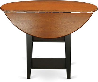 East West Furniture SUAN5-BCH-W 5 Piece Dining Set Includes a Round Dining Room Table with Dropleaf & Shelves and 4 Wood Seat Chairs, 42x42 Inch, Black & Cherry