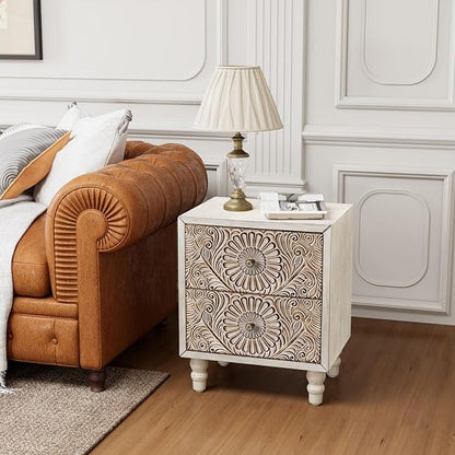 COSIEST Nightstand, 14" D x 18" W x 21.5" H MDF End Table with 2 Drawers, Vintage Style Wood Bedside Table, Bedroom Accessories for Home, Office, College Dorm