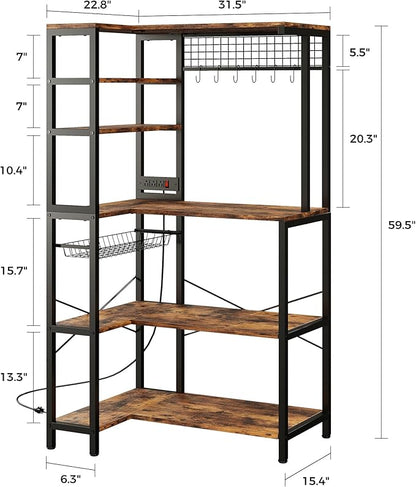 IRONCK Bakers Rack with Power Outlet, 5-Tier Corner Microwave Stand with Storage, Coffee Bar with 6 S-Shaped Hooks, Kitchen Shelves with Wire Basket