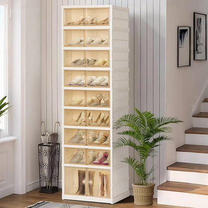Foldable Shoe Organizer Storage Box, Portable Extra Large Folding Shoe Rack for Closet, Shoe Storage Box with Magnetic Transparent Door and Wheels, 9 Layers 18 Grids with 2 Big Grids