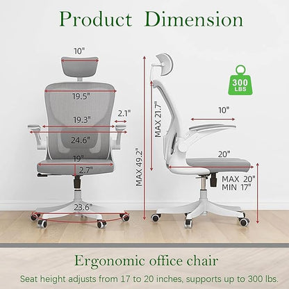 Ergonomic Office Chair, High-Back Mesh Computer Desk Chair with Adjustable Height, Lumbar Support, Flip-Up Armrests,headrest，and Swivel Rolling Design for Home and Office Use
