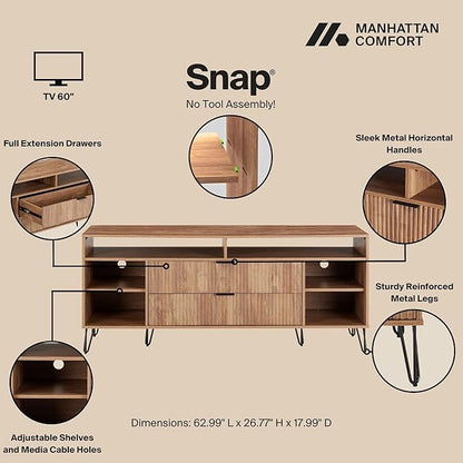 Manhattan Comfort Dumbo Mid Century Modern TV Stand for Televisions up to 60 Inches, Home Entertainment Center with Storage, 6 Shelves, 2 Drawers, No Tool Assembly, 63" Wide, Golden Brown