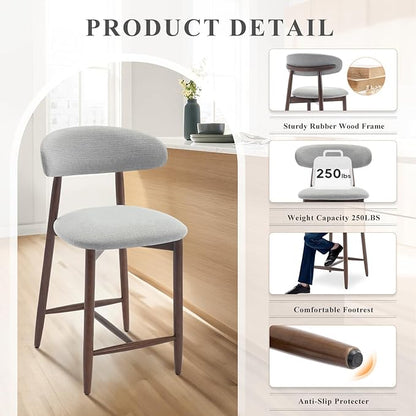 COLAMY Bar Stools Set of 6, Counter Height Bar Stools, Wood Bar Stools with Back, Upholstered Wooden Barstools for Island Dining Room Bar, Light Grey