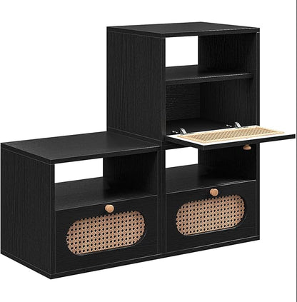 3-in-1 Modular TV Stand with Rattan Doors, DIY Media Console Boho Entertainment Center Modern TV Cabinet with Open Shelves,Black