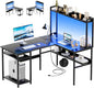 L Shaped Computer Desk with Hutch and Storage Shelves, Gaming Desk with LED Lights, Reversible L-Shaped Desk with Power Outlets, Home Office Desk, Corner Desk, Black