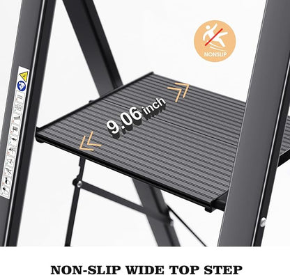 KINGRACK Aluminium 5 Step Ladder, Lightweight Step Stool with Non-Slip Pedals, Handrail, Folding Step Ladder for Kitchen, Garage, Home, Space Saving, Sturdy and Portable, Black
