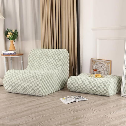 Accent Bean Bag Chair with Footstool, Modern Lazy Sofa Chair with Comfy Jacquard Shaggy Plush, Green