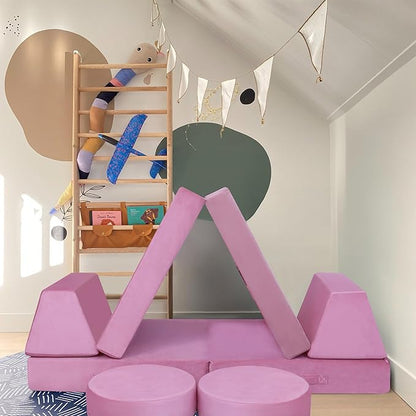 MeMoreCool 8-Piece Modular Kids Play Couch, Pink Convertible Foam Toddler Sofa Play Set for Playroom