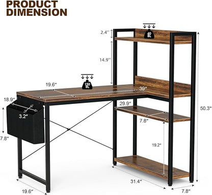 47 Inch L Shaped Computer Desk with Reversible Storage Shelves, Home Office Corner Desk Study Writing Table with Hutch, Study, Rustic Brown