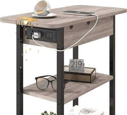 LIDYUK End Table with Charging Station, Set of 2 Flip Top Narrow Side Table for Small Spaces, Nightstands Set of 2 for Bedroom, End Tables Living Room with Storage Shelves, Greige