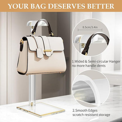 Acrylic Purse Display Stands, 14"-24" Adjustable Height Handbag Holder, Clear Purse Rack Stands for Closet Retail, Durable Gold Trim Bag Stand Hanging Wallet Jewelry Necklace Organizer