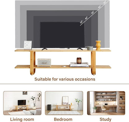 Welnow Bamboo TV Stand for Up to 65 Inch, Mid Century Modern Entertainment Center with 2-Tier Open Shelves, Storage Media Console Table for Living Room, Bedroom, Natural