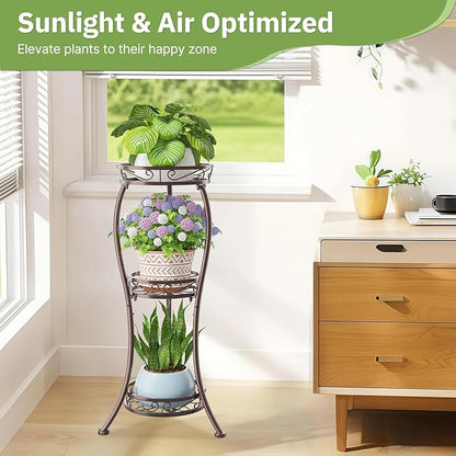 KMOTASUO 3 Tier Tall Plant Stand Indoor Outdoor for Large Planter, Multiple Level Flower Holder Organizer Rack for Patio Office Bathroom Corner, Sturdy Heavy Duty Metal, Vertical Display, Bronze