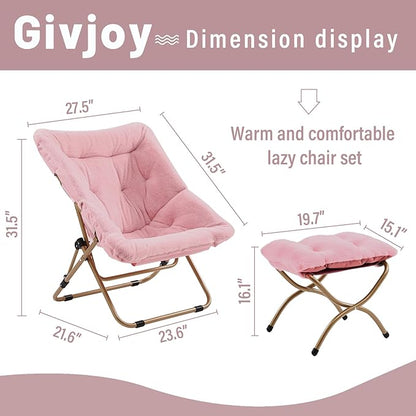Comfy Folded Chair with Ottoman, Oversized Folding Faux Fur Chair Soft Furry Lounge Lazy Chair with Metal Frame Moon Chair Accent Chair for Bedroom, Living Room, Dorm Rooms