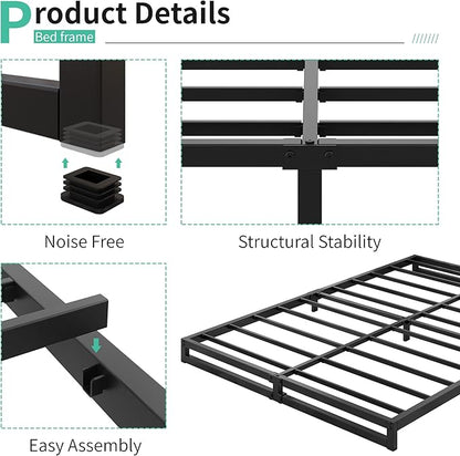 6 Inch Bed Frame Queen Size Heavy Duty Steel Slat Support Metal Platform Queen Bed Frame No Box Spring Needed, Easy Assembly, Black