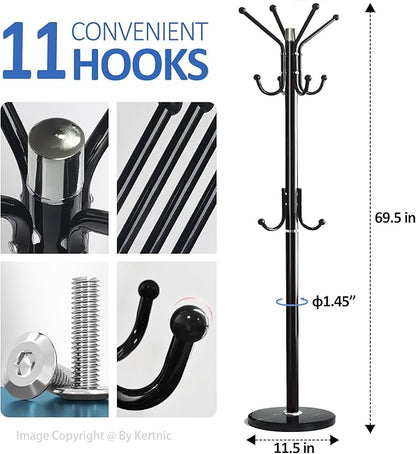Kertnic Modern Coat Rack Freestanding with Natural Marble Base & Sturdy Metal Frame, 11 Hooks Hall Tree for Jackets, Hats, Bags, Entryway Organizer for Bedroom, Living Room, Closet (Black)