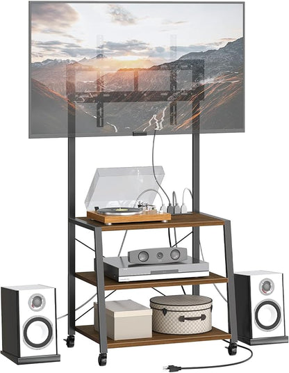 HOOBRO Rolling TV Stand with Mount and Power Outlet Up to 55 inch TV, Corner Entertainment Center, Small TV Stand with 3-Tier Storage Shelves for Living Room, Bedroom, Black and Walnut BH66UDS01