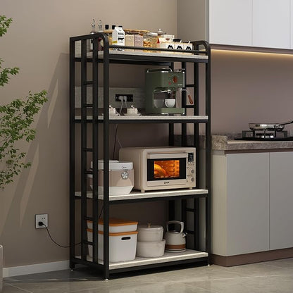 Adjustable 4-Tier Heavy Duty Kitchen Baker's Rack with Power Outlet, with Industrial Wheels, Free Standing Microwave Oven Cart Stand for Storage in Living Room, Garage, Greige