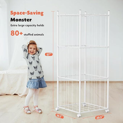 GoKEDA Stuffed Animal Storage,Extra Large Metal Stuffed Animals Storage Tower,Heavy Duty Stuffed Animal Holder with Elastic Plushies Storage Organizer for Nursery,Kids Room,Playroom (White)