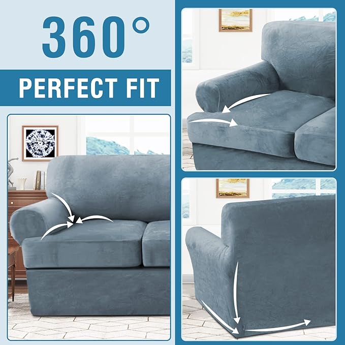 H.VERSAILTEX Sofa Cover 4 Piece T Cushion Sofa Slipcovers Thick Velvet Couch Cover Furniture Protector Stretch Sofa Covers for 3 Cushion Couch with 3 Individual Covers Washable, Stone Blue