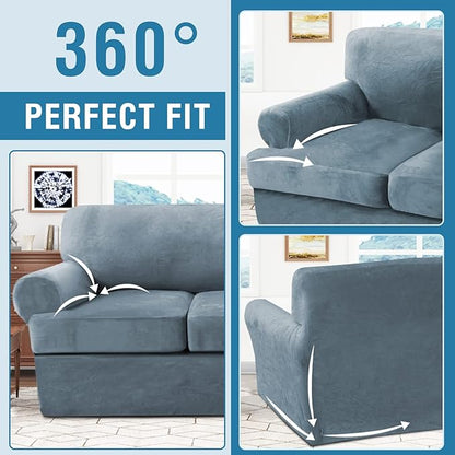 H.VERSAILTEX Sofa Cover 4 Piece T Cushion Sofa Slipcovers Thick Velvet Couch Cover Furniture Protector Stretch Sofa Covers for 3 Cushion Couch with 3 Individual Covers Washable, Stone Blue