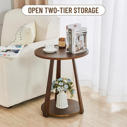 Uniclinens Round End Table, Solid Wood Round Side Coffee Table, Small Bedside Nightstand for Living Room Bedroom, Walnut
