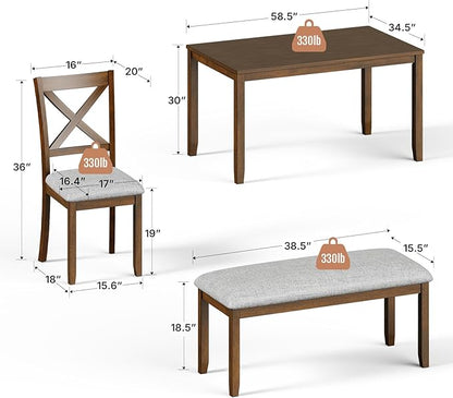 6-Piece Solid Wood Dining Table Set, Including 1 Dining Table, 4 Upholstered Chairs and 1 Bench, Wooden Dining Table Set for Kitchen, Dining Room, Walnut