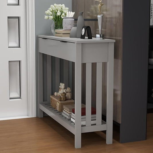 TaoHFE Entryway Table with Storage, Modern Sofa Table with Slatted Frame, Entry Way Table with Smooth Finish, Long Console Table for Hallway, Entryway, Living Room, Bathroom, Bedroom, Grey
