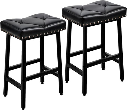 VECELO 25 inch Counter Height Stools for Kitchen Island, 3.3'' Thick PU Upholstered Saddle Seats, Backless Bar Chairs with Metal Base, Black