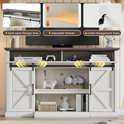 66" Farmhouse TV Stand for 75 Inch TVs, 40" Tall Entertainment Centere with Sliding Barn Doors, Rustic Media Console Table Storage Cabinet with Adjustable Shelves, Living Room, Antique White