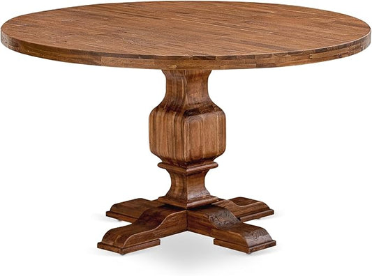 I53-0N-TP Dining Table with Acacia Wood Round Tabletop and Elegant Pedestal Base - Antique Walnut Finish