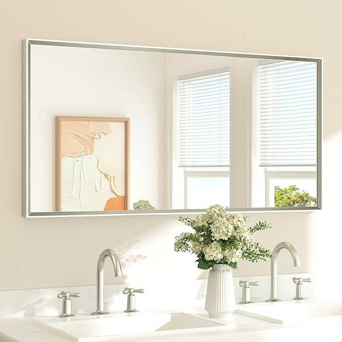 TETOTE Brushed Nickel Bathroom Mirror for Over Sink Beveled Frame 48" x 24" Rectangle Bathroom Vanity Wall Mirror, Tempered Glass, Stronger Frame, Modern Farmhouse Bedroom, Entryway, Living Room