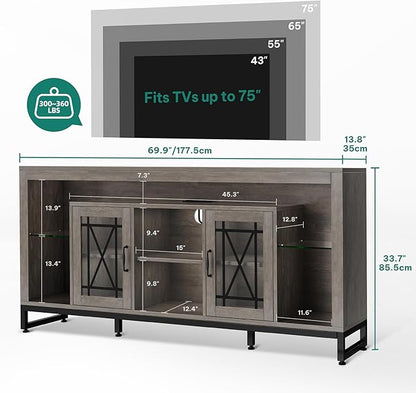 YITAHOME 33.5'' Tall TV Stand for 75 inch TV, LED Entertainment Center with Storage, Grey TV Stands for Living Room with Acrylic Doors & Power Outlets, Tall TV Console Cabinet, Grey