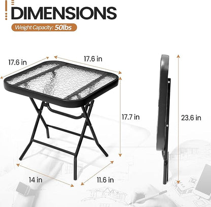 Foldable Outdoor Side Table with Tempered Glass Top Square 18" Folding Patio Side Table Small Glass End Tables for Patio Porch Yard Balcony Deck Lawn Dining Garden (Black)