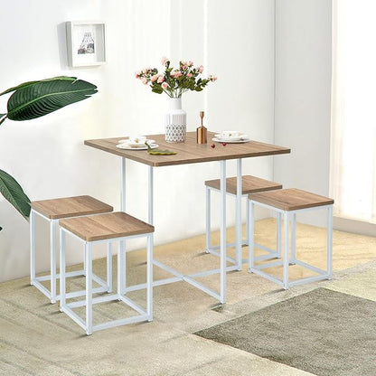 Giantex 5 Piece Dining Table Set, Dining Set for 4 with Square Stools, Small Kitchen Table Set with Metal Frame, Compact Design for Small Space, Home Kitchen Bar Pub Apartment
